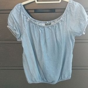 Express chambray off the shoulder shirt